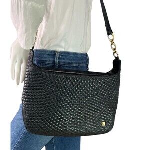 BALLY Italy Vintage Shoulder Bag Black Quilted Lambskin Leather & Chain Strap